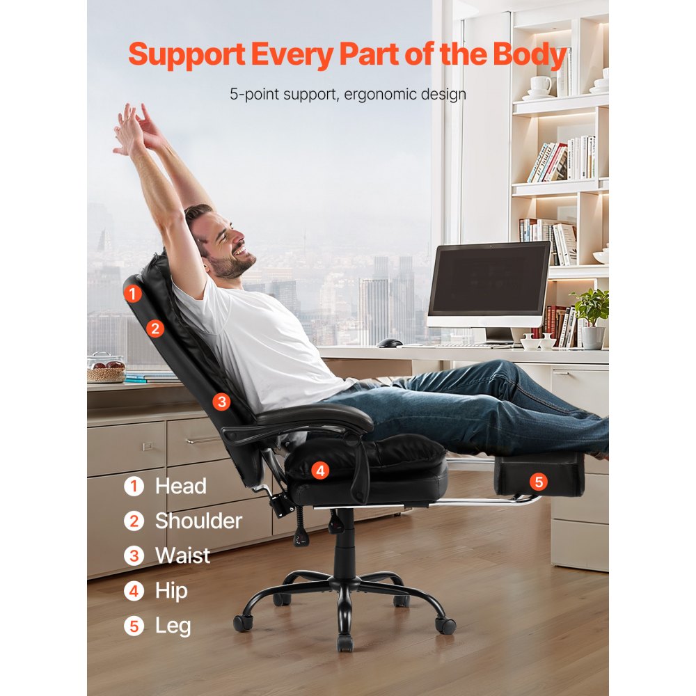 VEVOR Executive Office Chair with Footrest, 400lb Capacity Office Chair with Lumbar Pillow, Heavy Duty Ergonomic Chair, Height Adjustable PU Leather Reclining Home Office Desk Chairs