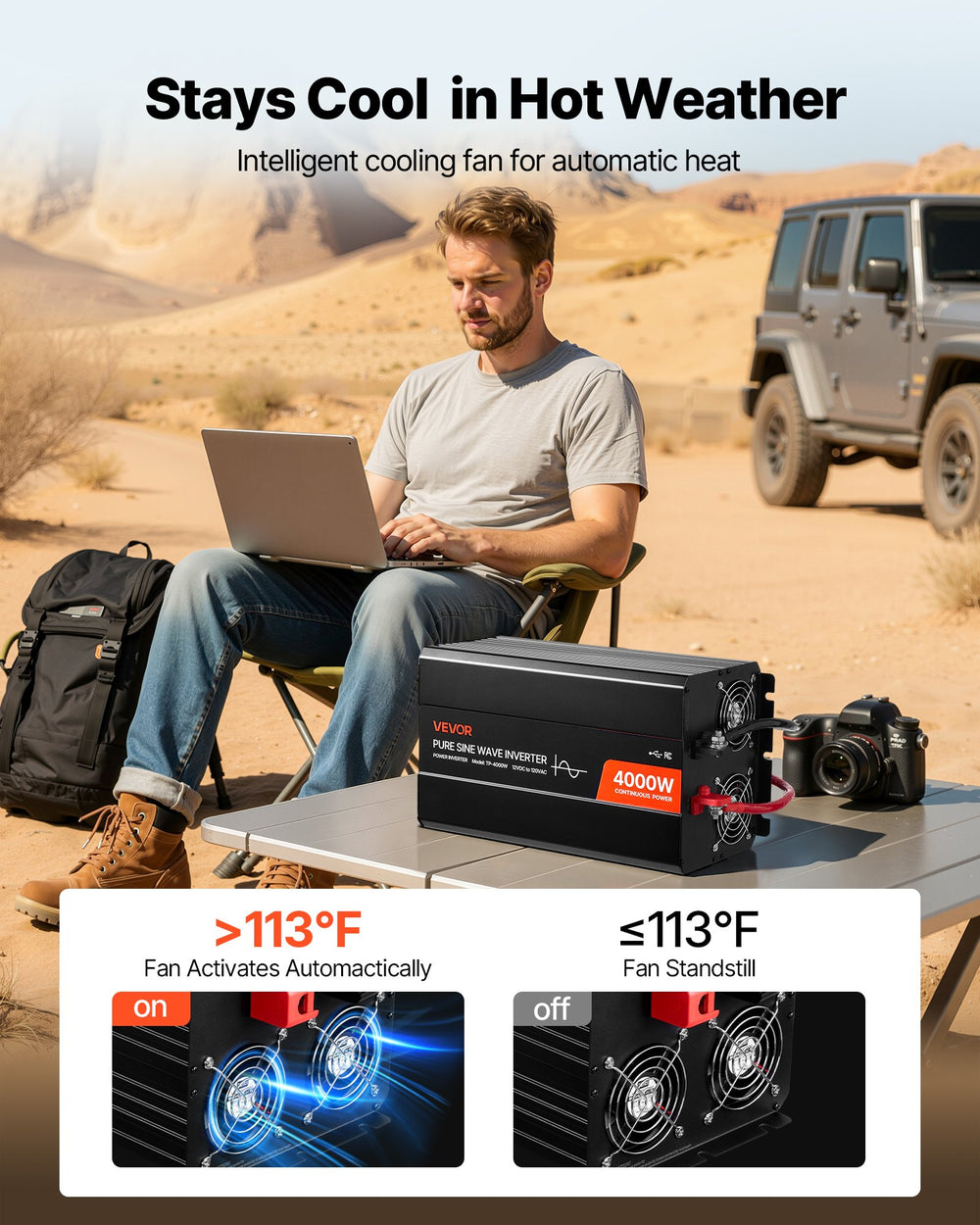 Cooling fan and hot weather performance graphic for VEVOR 4000W inverter