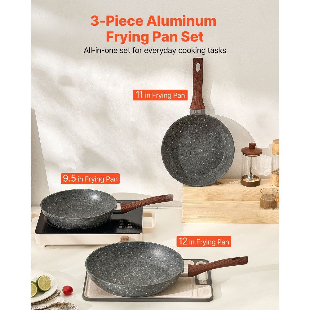 VEVOR Frying Pan Skillet, Aluminum Egg Fry Pans, 3 Piece Set (9.5, 11, 12 in), Nonsitck Heavy-Duty Skillets with Heat-Resistant Handle, Chef's Kitchen Cookware, for Gas, Electric, Induction, Grey