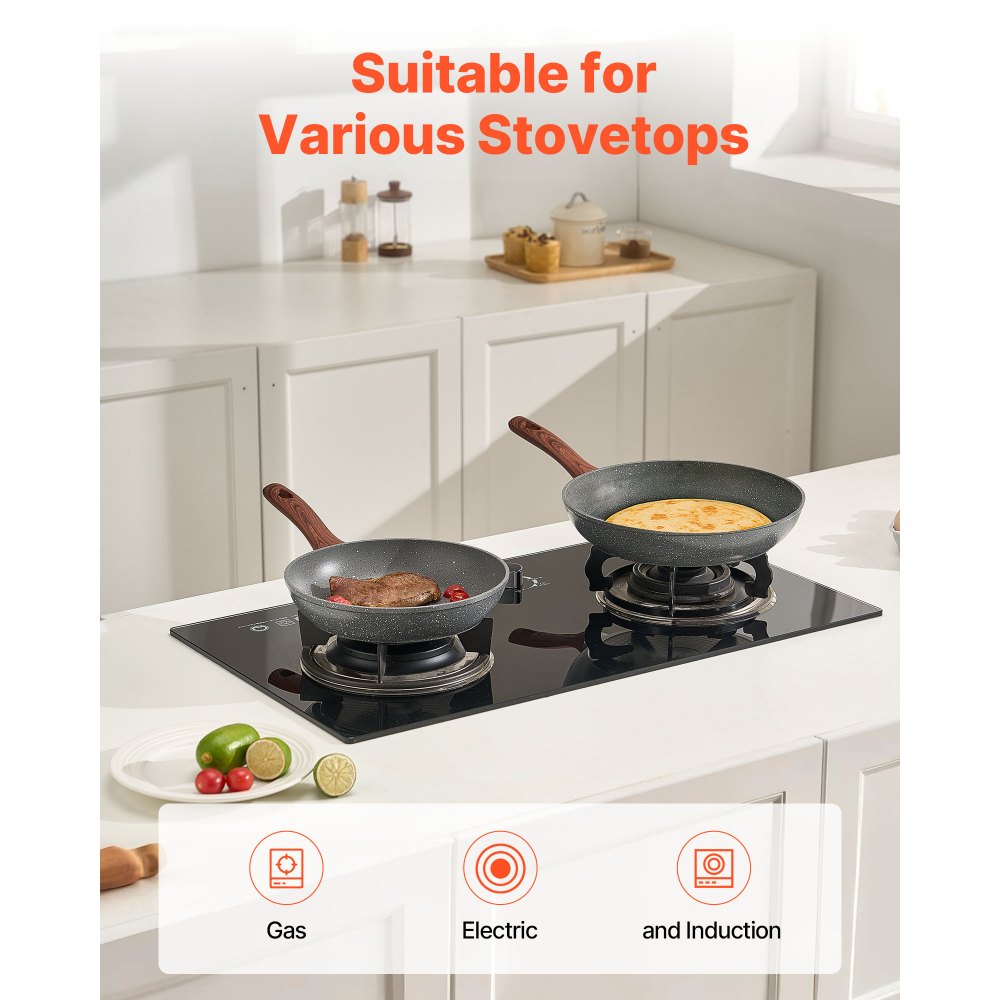 VEVOR Frying Pan Skillet, Aluminum Egg Fry Pans, 3 Piece Set (9.5, 11, 12 in), Nonsitck Heavy-Duty Skillets with Heat-Resistant Handle, Chef's Kitchen Cookware, for Gas, Electric, Induction, Grey