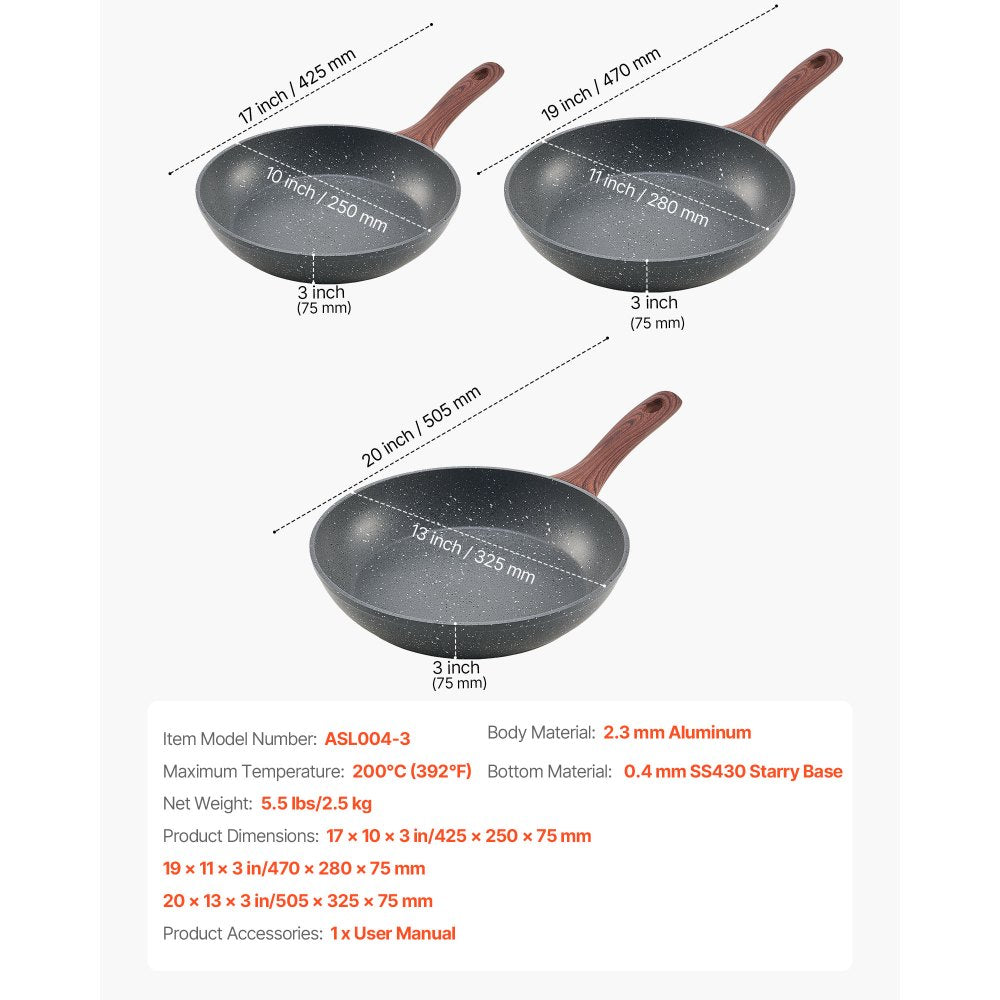 VEVOR Frying Pan Skillet, Aluminum Egg Fry Pans, 3 Piece Set (9.5, 11, 12 in), Nonsitck Heavy-Duty Skillets with Heat-Resistant Handle, Chef's Kitchen Cookware, for Gas, Electric, Induction, Grey