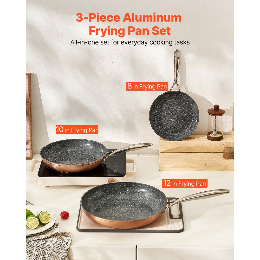 VEVOR Frying Pan Skillet, Aluminum Egg Fry Pans, 3 Piece (8, 10, 12 in), Nonsitck Ceramic Heavy-Duty Skillets with Heat-Resistant Handle, Chef's Cookware, for Oven, Gas, Electric, Induction, Grey