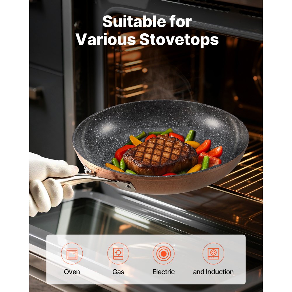 VEVOR Frying Pan Skillet, Aluminum Egg Fry Pans, 3 Piece (8, 10, 12 in), Nonsitck Ceramic Heavy-Duty Skillets with Heat-Resistant Handle, Chef's Cookware, for Oven, Gas, Electric, Induction, Grey
