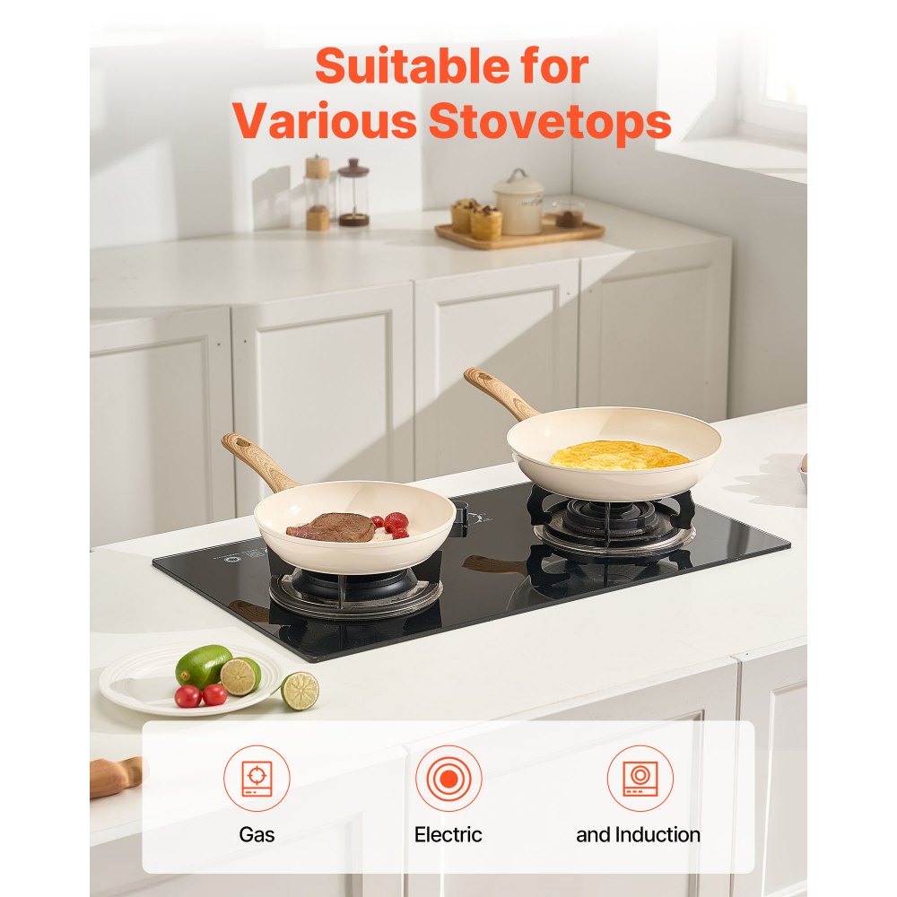 VEVOR Frying Pan Skillet, Aluminum Egg Fry Pans, 3 Piece (8, 9.5, 11 in), Nonsitck Ceramic Heavy-Duty Skillets with Heat-Resistant Handle, Chef's Kitchen Cookware for Gas, Electric, Induction, Beige