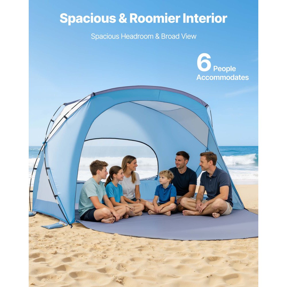 VEVOR Beach Tent Sun Shelter for 6 Person Upf 50 Protection Portable Sun Shade Canopy with Carrying Bag & Sand Pockets Lightweight and Easy Setup