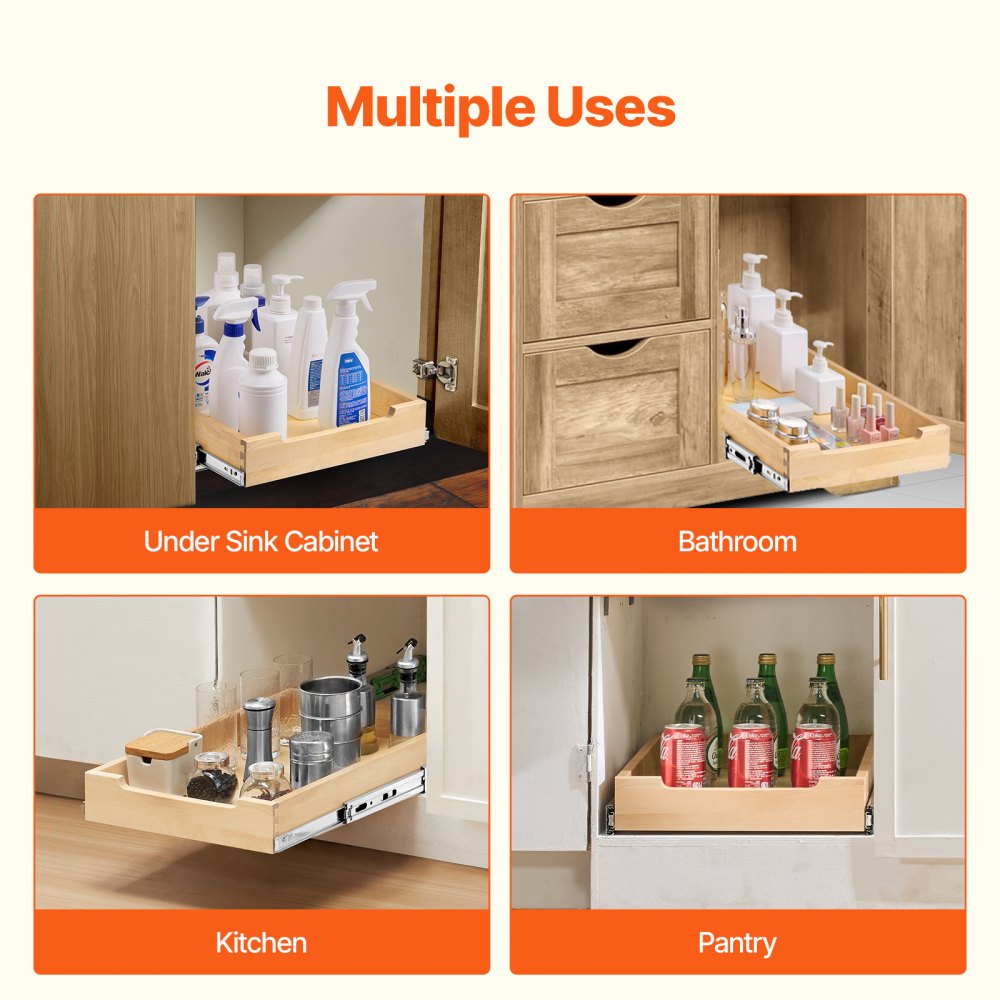 VEVOR Pull Out Cabinet Organizer, 14"W x 21"D Cabinet Drawer, Soft Close Slide out Shelf, Heavy-Duty Sliding Wood Drawer, Bottom and Side Assembly Base Cabinet Organization for Kitchen Pantry Bathroom