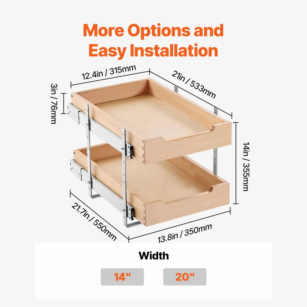 VEVOR 2 Tier Pull Out Cabinet Organizer, 14"W x 21"D Cabinet Drawer, Soft Close Slide out Shelf, Heavy-Duty Sliding Wood Drawer, Adjustable Base Cabinet Organization for Kitchen Pantry Bathroom