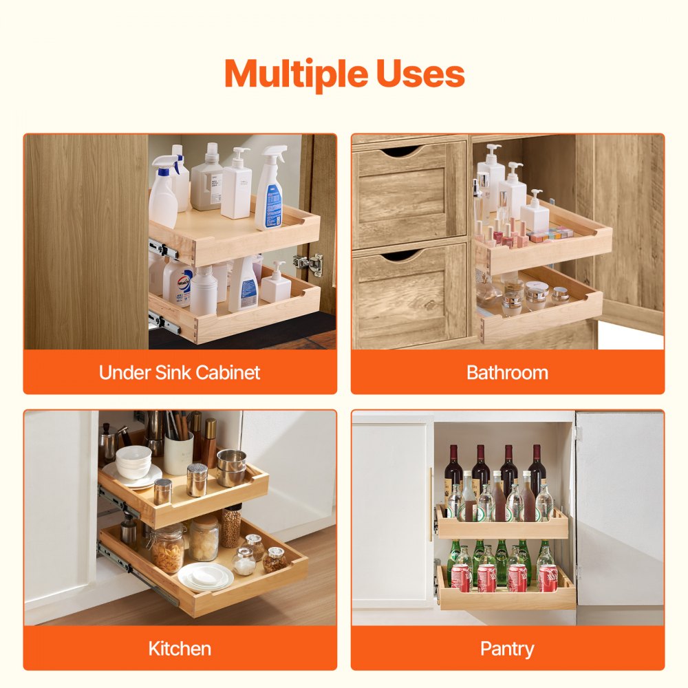VEVOR 2 Tier Pull Out Cabinet Organizer, 20"W x 21"D Cabinet Drawer, Soft Close Slide out Shelf, Heavy-Duty Sliding Wood Drawer, Adjustable Base Cabinet Organization for Kitchen Pantry Bathroom