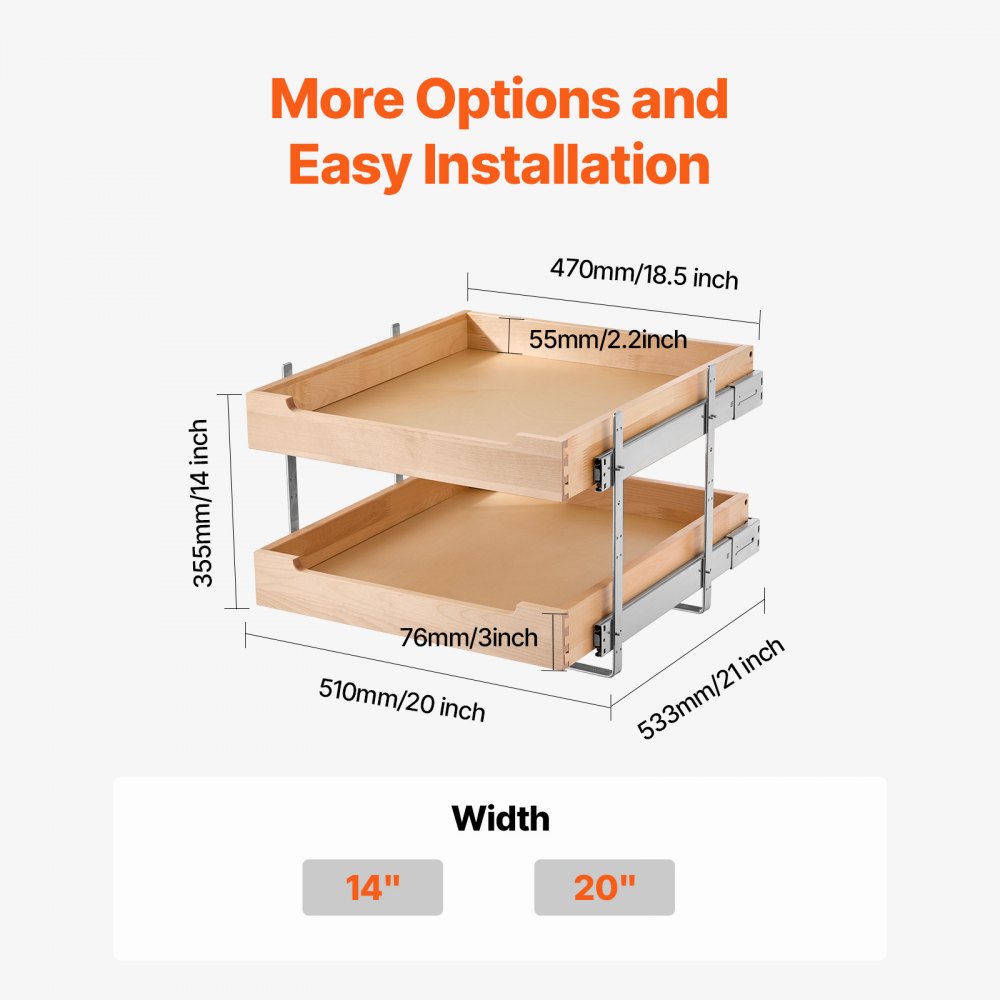 VEVOR 2 Tier Pull Out Cabinet Organizer, 20"W x 21"D Cabinet Drawer, Soft Close Slide out Shelf, Heavy-Duty Sliding Wood Drawer, Adjustable Base Cabinet Organization for Kitchen Pantry Bathroom