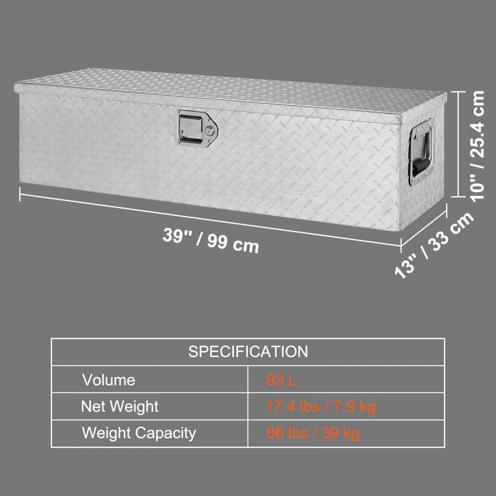 VEVOR Heavy Duty Aluminum Truck Bed Tool Box, Diamond Plate Tool Box with Side Handle and Lock Keys, Storage Tool Box Chest Box Organizer for Pickup, Truck Bed, RV, Trailer, 39"x13"x10", Silver