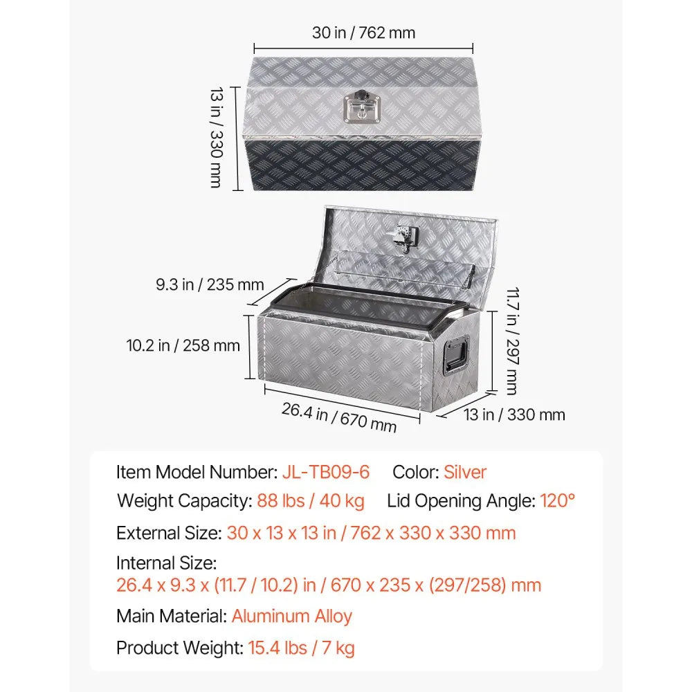 VEVOR Heavy Duty Aluminum Truck Bed Tool Box, Stripes Plated Tool Box with Side Handle and T-Lock Keys, Storage Toolbox Chest Organizer for Trailer, Pickup, Truck Bed, RV, 30"x13"x13", Silver