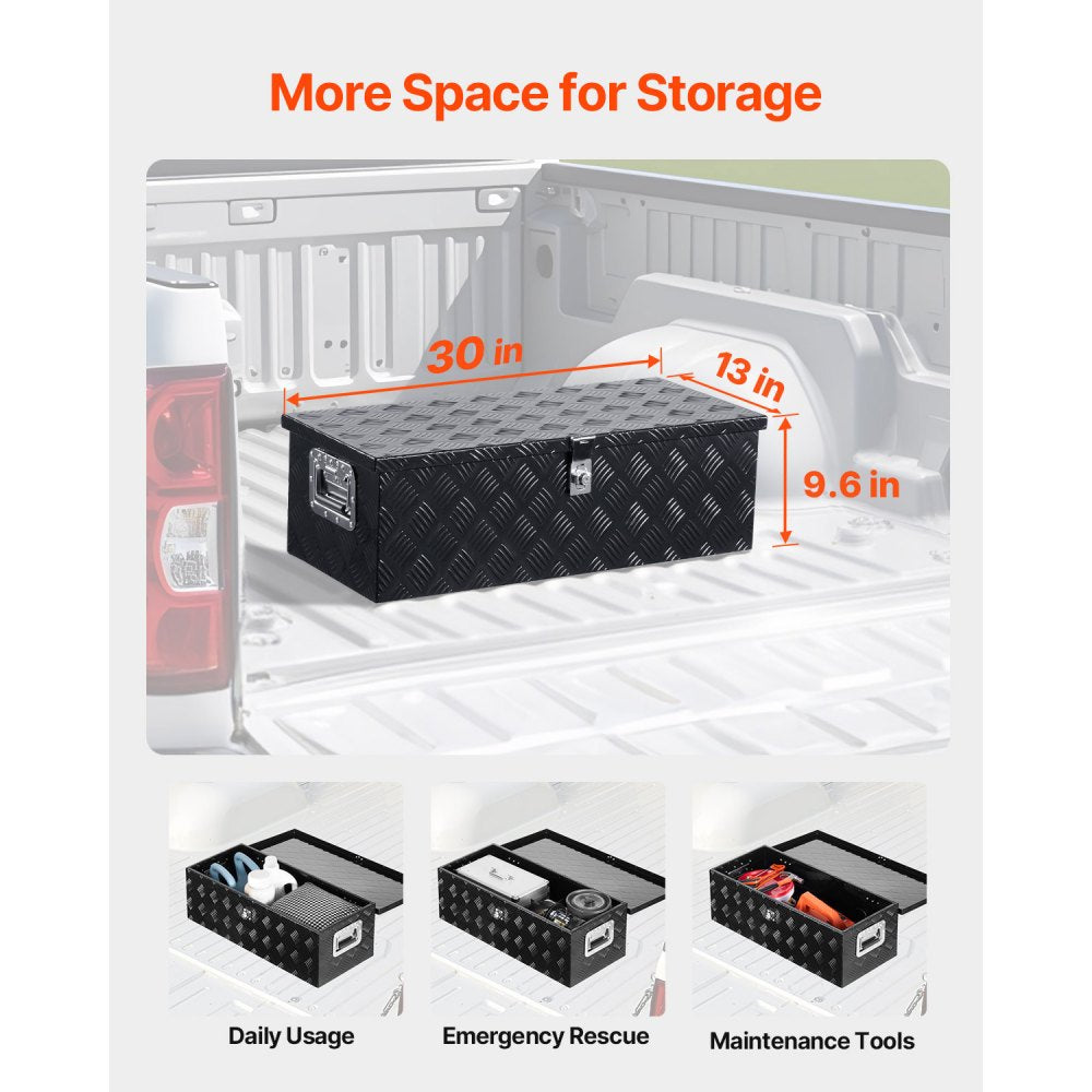 VEVOR Heavy Duty Aluminum Truck Bed Tool Box, Stripes Plated Tool Box with Side Handle and Lock Keys, Storage Toolbox Chest Organizer for Trailer, Pickup, Truck Bed, RV, 30"x13"x9.6", Black