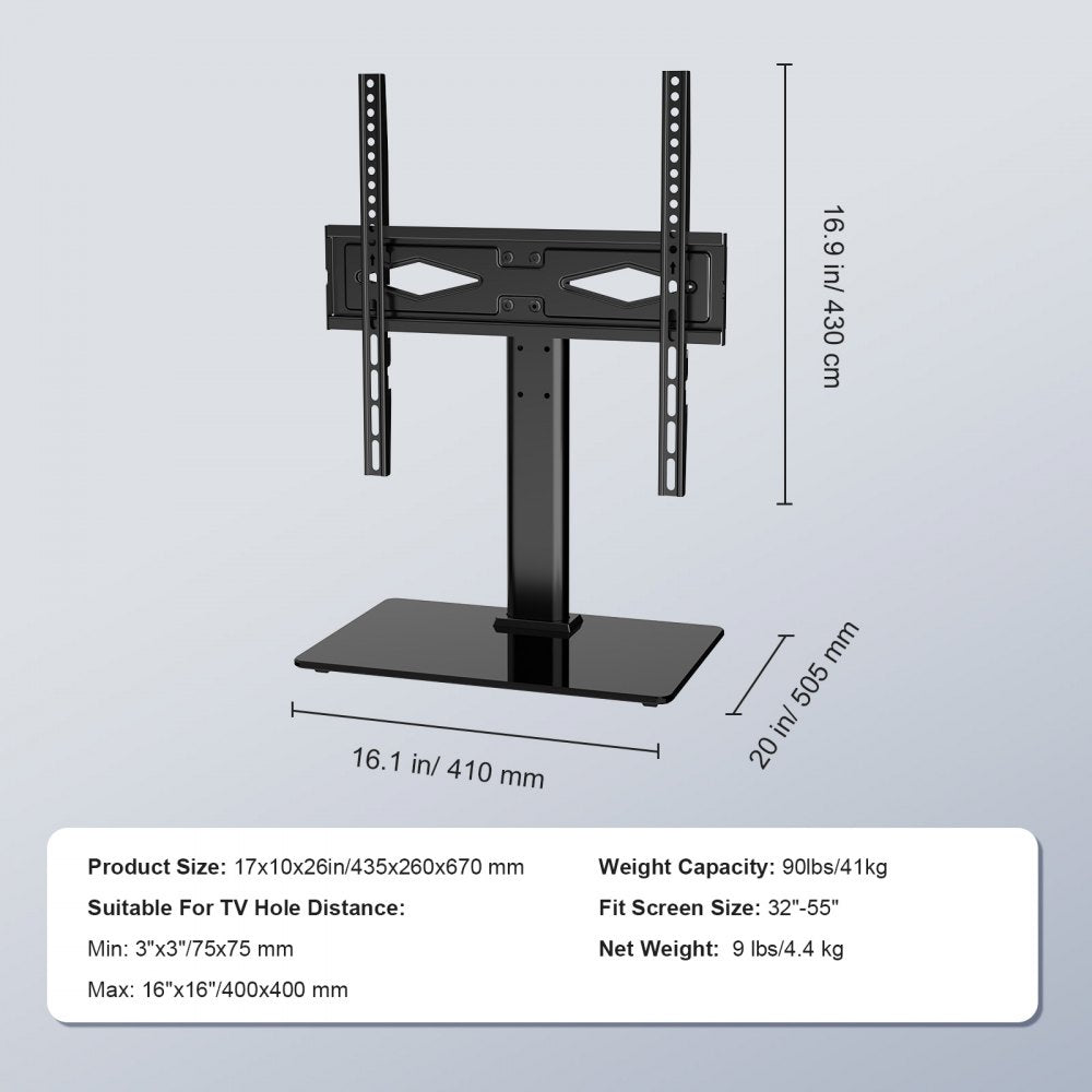 VEVOR TV Stand Mount, Swivel Universal TV Stand for 32 to 55 inch TVs, Height Adjustable Portable Floor TV Stand with Tempered Glass Base for Bedroom, Living Room