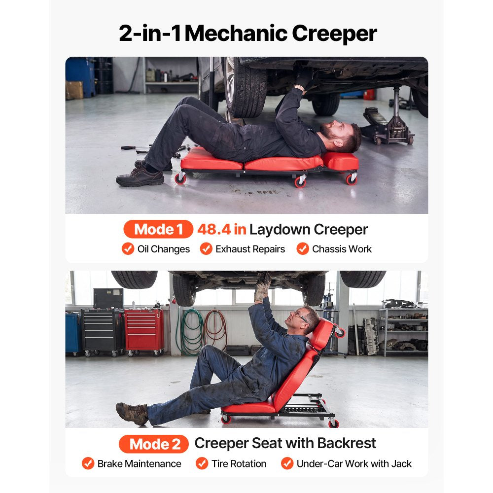 VEVOR 48.4 in 2-in-1 Mechanic Creeper, Adjustable Backrest Garage Creeper Seat, 570 lbs Under Car Rolling Chair with 6 Swivel Casters, Padded Headrest for Auto Repair