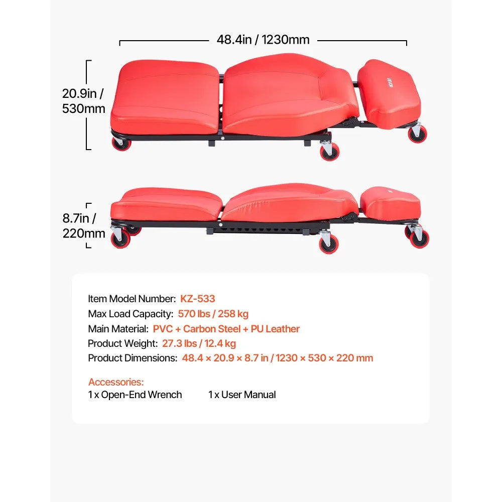 VEVOR 48.4 in 2-in-1 Mechanic Creeper, Adjustable Backrest Garage Creeper Seat, 570 lbs Under Car Rolling Chair with 6 Swivel Casters, Padded Headrest for Auto Repair