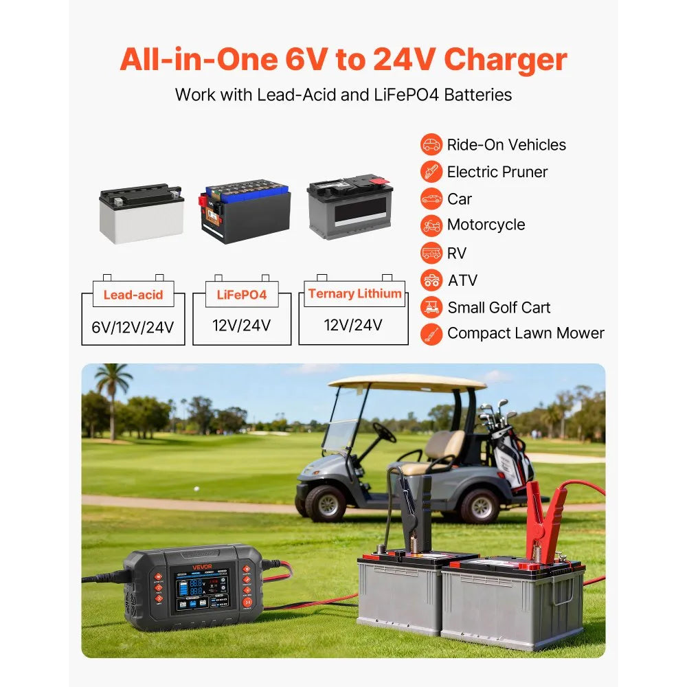 VEVOR Smart Battery Charger, 25A, 6V 12V 24V Ternary Lithium LiFePO4 Lead-Acid (Gel/AGM) Battery Charger, with 3.4-Inch LCD Display, Trickle Charging Maintainer Desulfator, for Car, Boat, Motorcycle