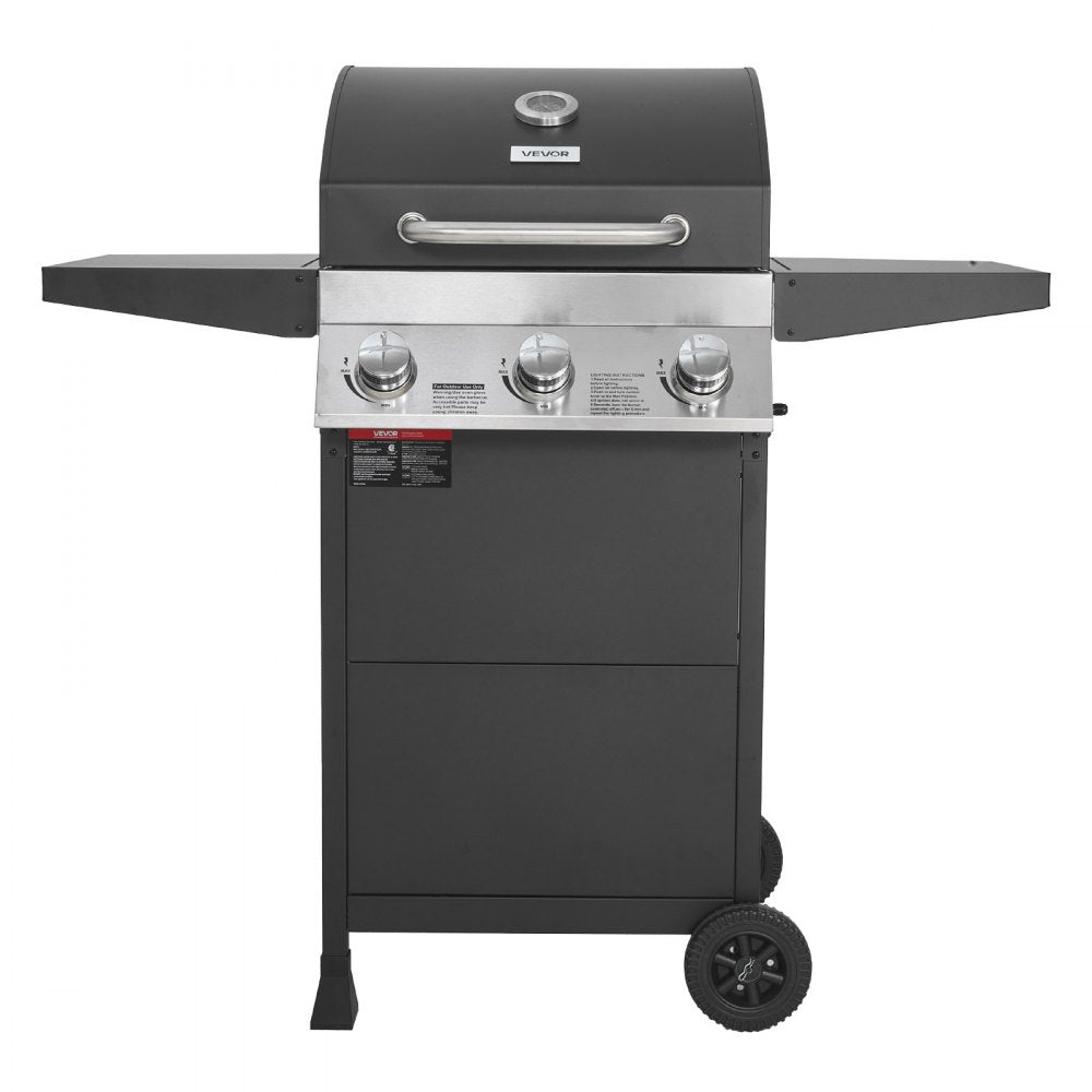 VEVOR Gas Grill, 3 Burner Propane Gas Grill with Spacious 338 SQ.In Grilling Area, Carbon Steel Enamel Grates, Outdoor 36,000 BTU Patio Garden BBQ Grills with Foldable Side Shelves, Carbon Steel