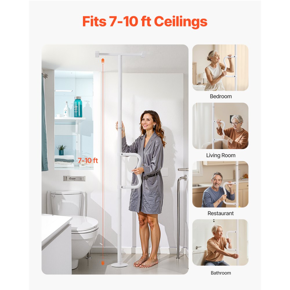 VEVOR Floor-to-Ceiling Transfer Pole, Tension Mounted Bathroom Grab Bar with Anti-Slip Curve Handle, 300 Lbs Capacity Security Pole for Elderly, Ideal Senior Safety Pole for 7-10 Ft Ceilings, White