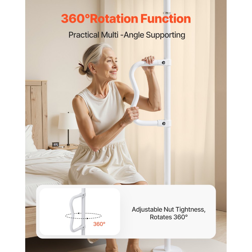 VEVOR Floor-to-Ceiling Transfer Pole, Tension Mounted Bathroom Grab Bar with Anti-Slip Curve Handle, 300 Lbs Capacity Security Pole for Elderly, Ideal Senior Safety Pole for 7-10 Ft Ceilings, White