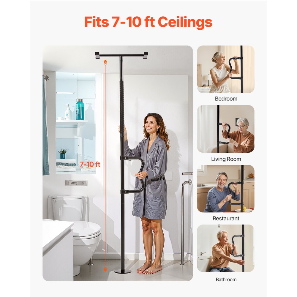 VEVOR Floor-to-Ceiling Transfer Pole, Tension Mounted Bathroom Grab Bar with Anti-Slip Curve Handle, 300 Lbs Capacity Security Pole for Elderly, Ideal Senior Safety Pole for 7-10 Ft Ceilings, Black