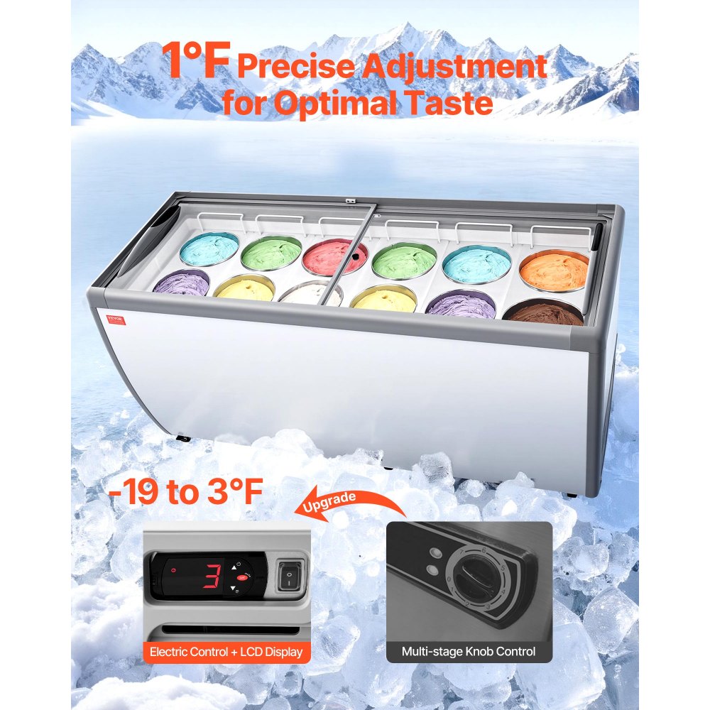 VEVOR Commercial Ice Cream Display Case, 20 Cu.ft Chest Freezer, Restaurant Gelato Dipping Cabinet Top Deep Freezer with Locking Casters, Sliding Glass Door, LED Lighting, Hold 12 Ice Cream Tubs