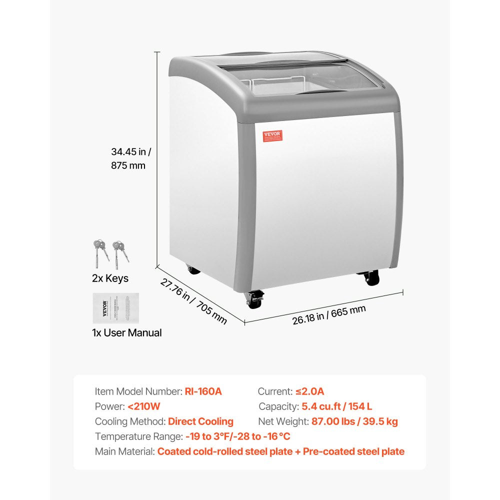 VEVOR Commercial Ice Cream Display Case, 5.4 Cu.ft Chest Freezer, -19 to 3℉ Temp Adjustable Mobile Top Deep Freezer with 2 Wire Baskets, 2 Sliding Glass Doors, Locking Casters & LED Strip Lighting