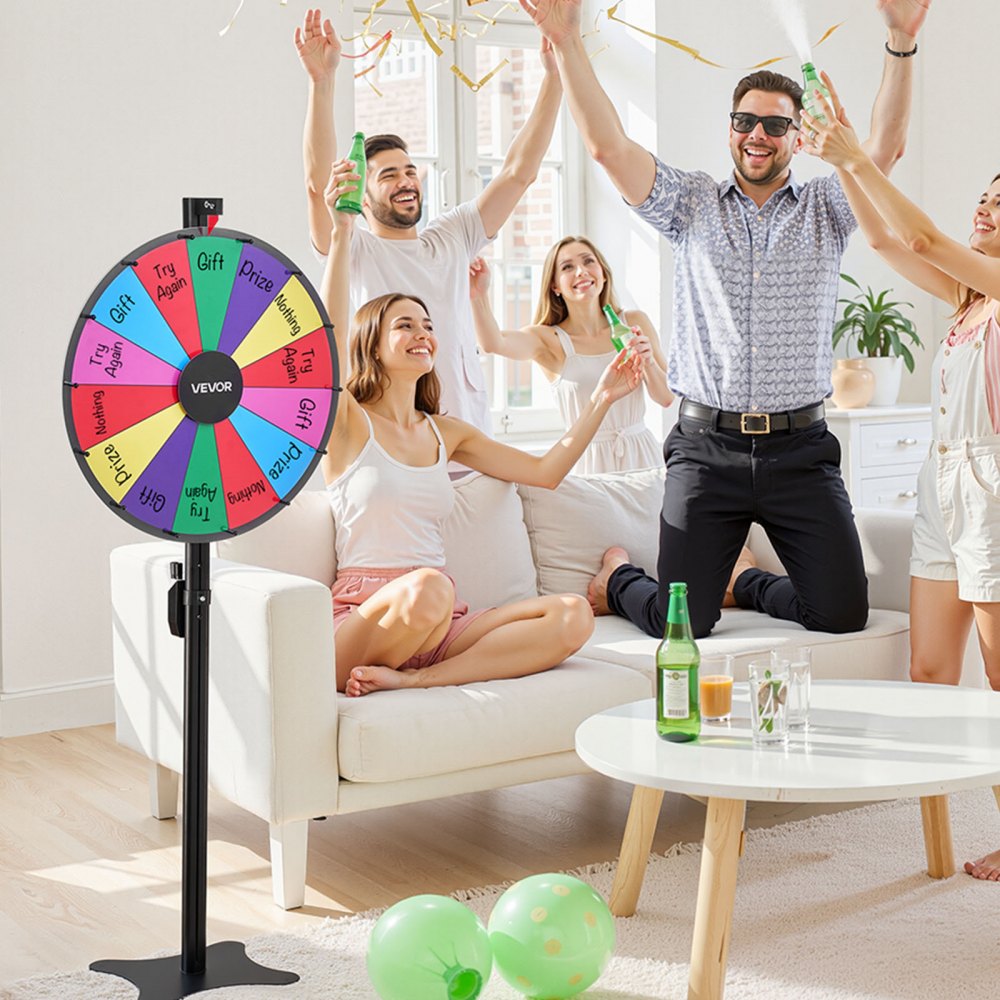 VEVOR 24 in Spinning Prize Wheel, 14 Slots Spinning Wheel with Stand, Adjustable Height Win Fortune Roulette with a Dry Erase and 2 Markers, 6 Colors, Easy Assembly, for Party Pub Trade Show Carnival