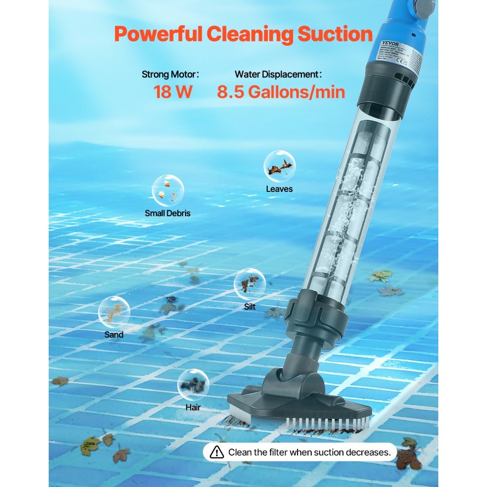 VEVOR Pool Vacuum, 8.5 GPM Handheld Cordless Hot Tub Vacuum with Extension Pole, for Deep Cleaning & Strong Suction, Rechargeable Pool Cleaner, Running up to 1Hour, for Above Ground/Inground Pool Spas