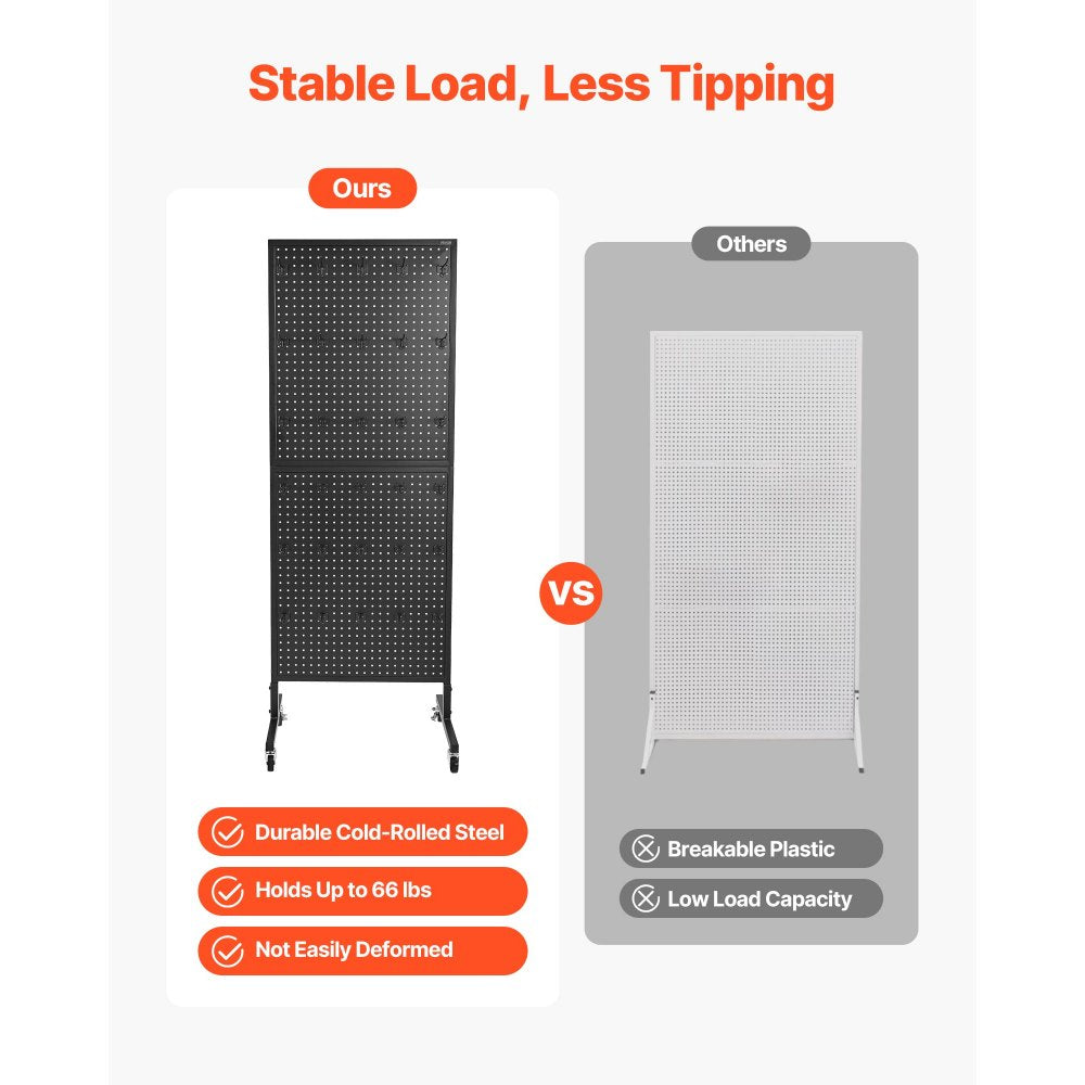 VEVOR Standing Pegboard Display, 23.6 x 63 in Pegboard Display Stand with Swivel Casters and 30 Hooks, Thickened Cold-Rolled Steel Peg Board Panel for Grocery, Retail Store and Jewelry Shop, Black