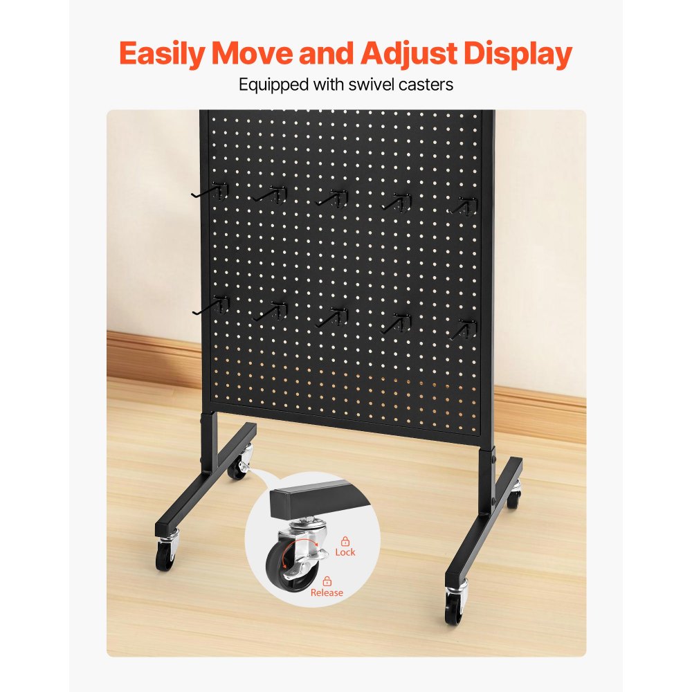 VEVOR Standing Pegboard Display, 23.6 x 63 in Pegboard Display Stand with Swivel Casters and 30 Hooks, Thickened Cold-Rolled Steel Peg Board Panel for Grocery, Retail Store and Jewelry Shop, Black