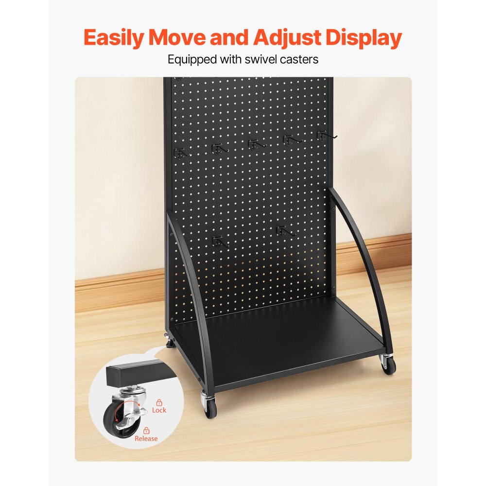 VEVOR Standing Pegboard Display with Base Plate, 23.7 x 66 in Pegboard Display Stand with Casters and 30 Hooks, Thickened Cold-Rolled Steel Peg Board Panel for Retail Store and Jewelry Shop, Black