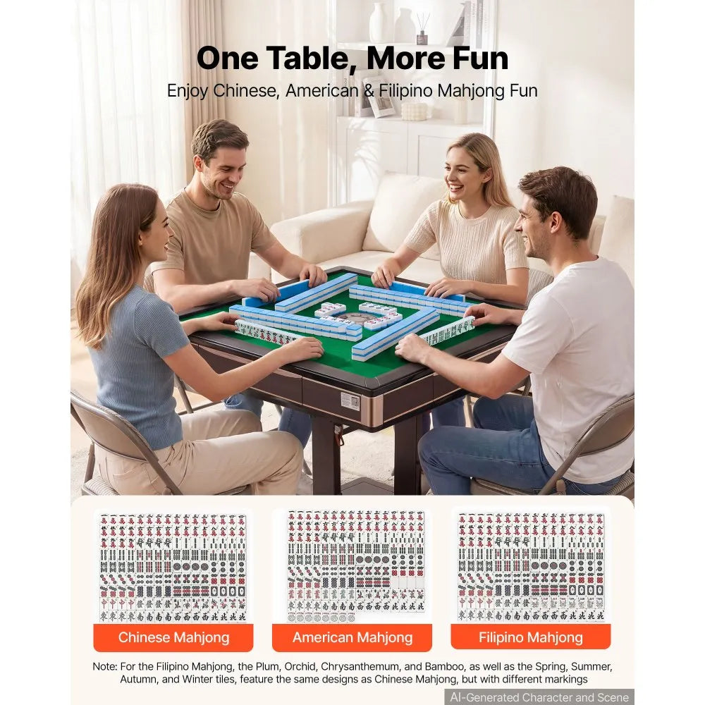 VEVOR Automatic Mahjong Table Roller Coaster Style 40 mm Folding Table&Base, Chinese/Filipino/American Mahjong, 2 Sets of 164 Tiles, 39 x 39 in, with 6 Wheels Hard Tabletop Cover Cup Holders, Wine Red