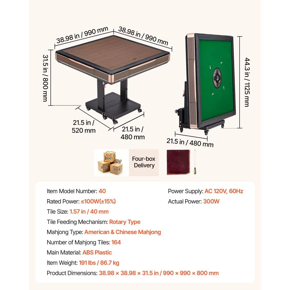 VEVOR Automatic Mahjong Table Roller Coaster Style 40 mm Folding Table&Base, Chinese/Filipino/American Mahjong, 2 Sets of 164 Tiles, 39 x 39 in, with 6 Wheels Hard Tabletop Cover Cup Holders, Wine Red