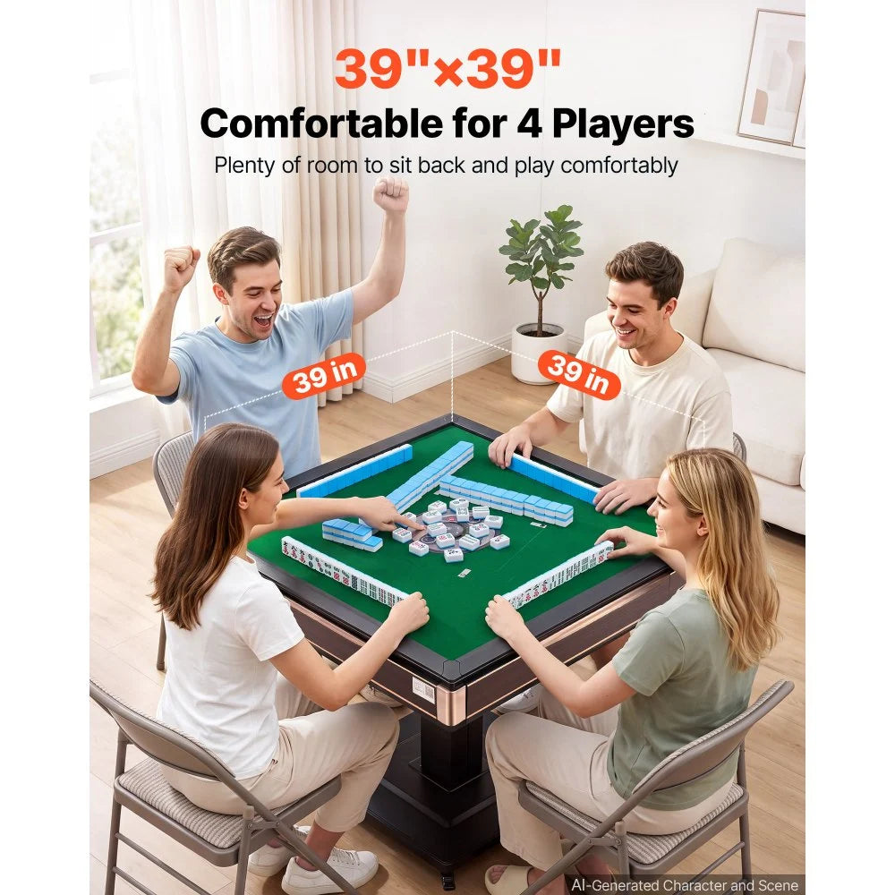 VEVOR Automatic Mahjong Table Roller Coaster Style 40 mm Folding Table, Chinese/Filipino/American Mahjong, 2 Sets of 164 Tiles, 39 x 39 in, with 4 Wheels, Hard Tabletop Cover, Cup Holders, Wine Red