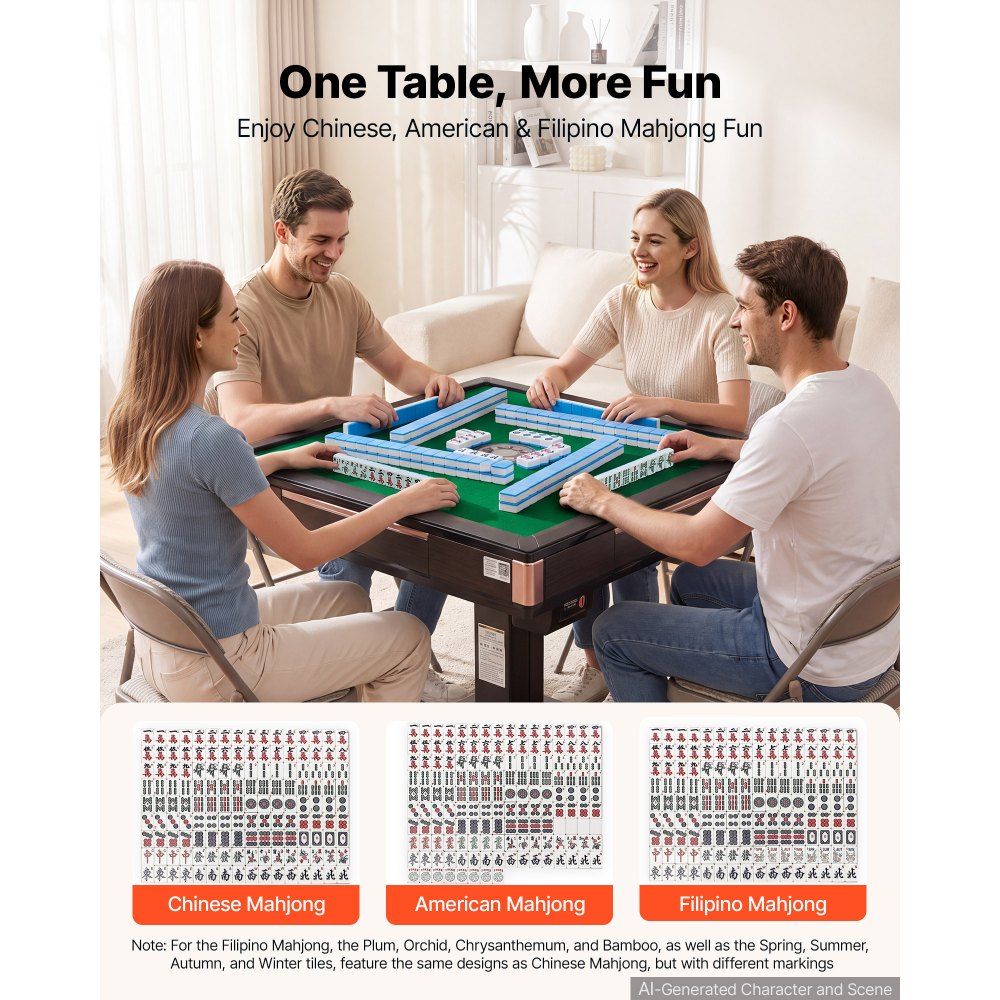 VEVOR Automatic Mahjong Table Roller Coaster Style 40 mm Folding Table, Chinese/Filipino/American Mahjong, 2 Sets of 164 Tiles, 39 x 39 in, with 4 Wheels, Hard Tabletop Cover, Cup Holders, Brown