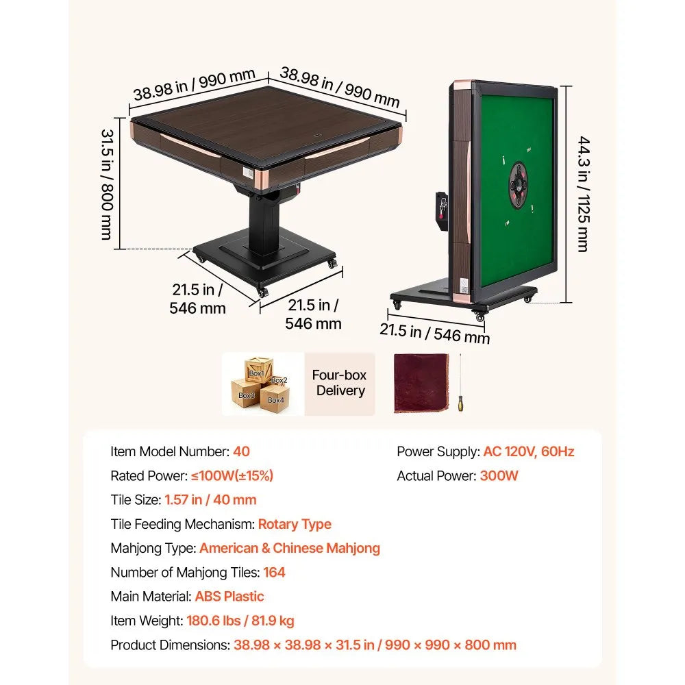 VEVOR Automatic Mahjong Table Roller Coaster Style 40 mm Folding Table, Chinese/Filipino/American Mahjong, 2 Sets of 164 Tiles, 39 x 39 in, with 4 Wheels, Hard Tabletop Cover, Cup Holders, Brown