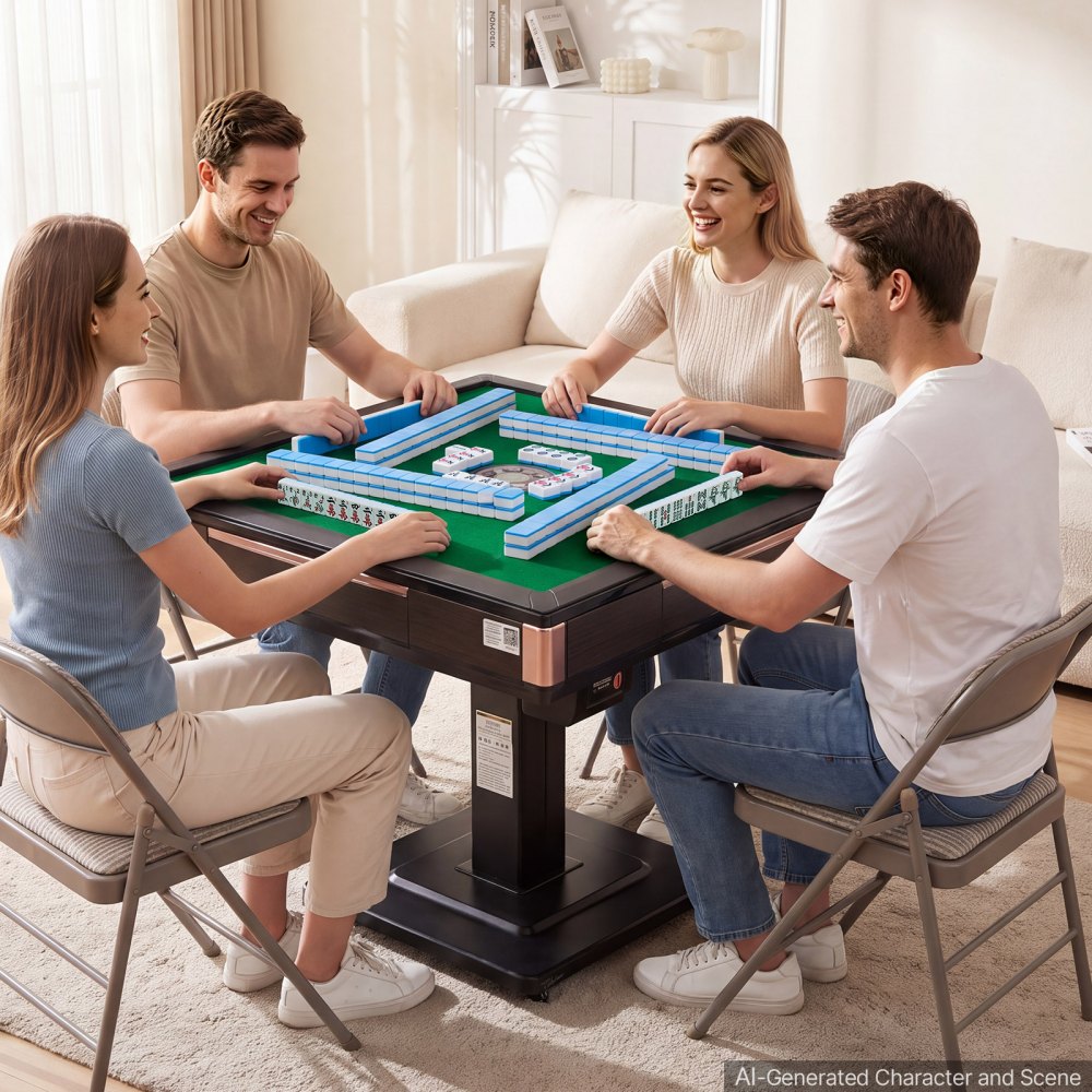 VEVOR Automatic Mahjong Table Roller Coaster Style 40 mm Folding Table, Chinese/Filipino/American Mahjong, 2 Sets of 164 Tiles, 39 x 39 in, with 4 Wheels, Hard Tabletop Cover, Cup Holders, Brown