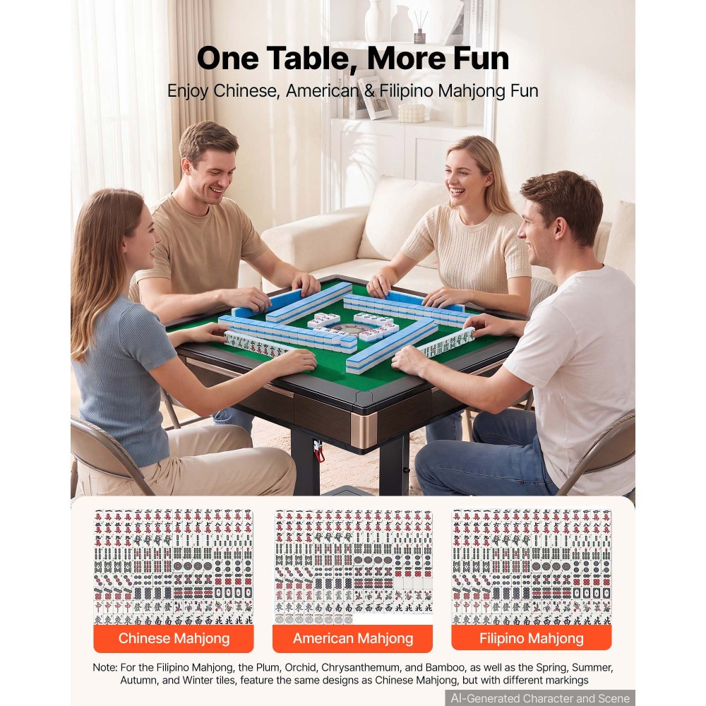 VEVOR Automatic Mahjong Table Roller Coaster Style 40 mm Folding Table&Base, Chinese/Filipino/American Mahjong, 2 Sets of 164 Tiles, 39 x 39 in, with 6 Wheels, Hard Tabletop Cover, Cup Holders, Brown