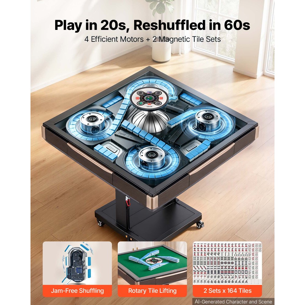 VEVOR Automatic Mahjong Table Roller Coaster Style 40 mm Folding Table&Base, Chinese/Filipino/American Mahjong, 2 Sets of 164 Tiles, 39 x 39 in, with 6 Wheels, Hard Tabletop Cover, Cup Holders, Brown