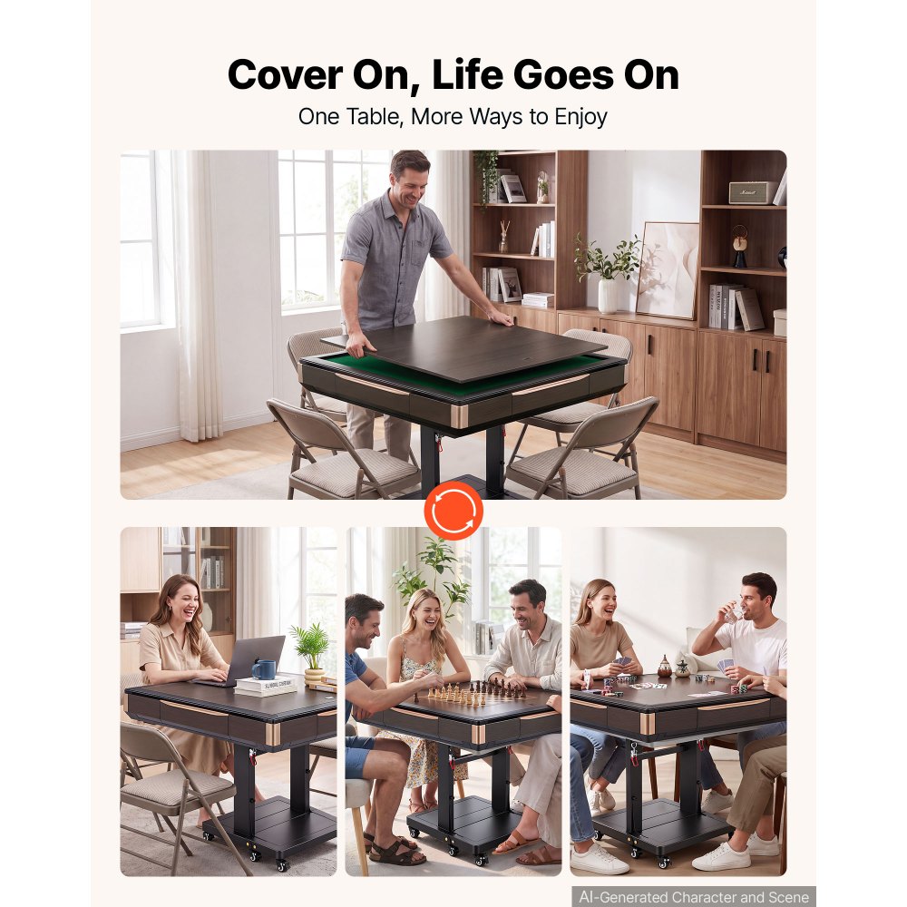 VEVOR Automatic Mahjong Table Roller Coaster Style 40 mm Folding Table&Base, Chinese/Filipino/American Mahjong, 2 Sets of 164 Tiles, 39 x 39 in, with 6 Wheels, Hard Tabletop Cover, Cup Holders, Brown