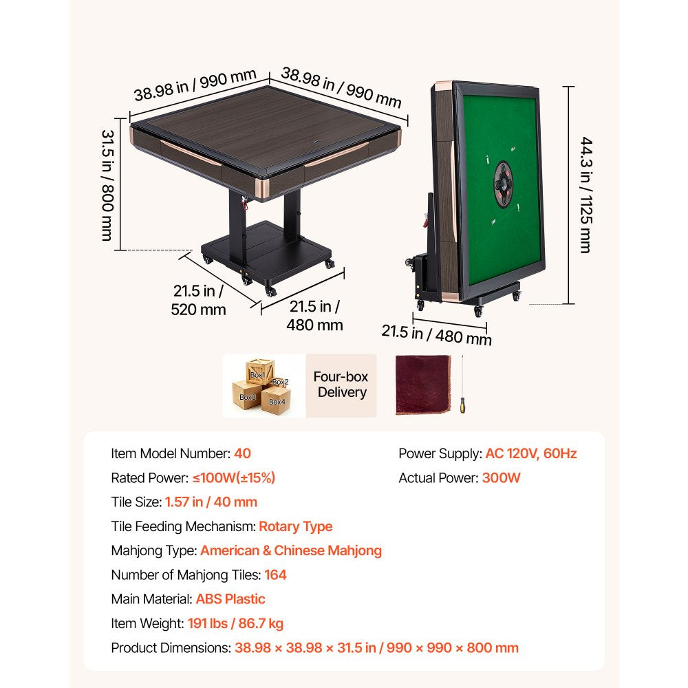VEVOR Automatic Mahjong Table Roller Coaster Style 40 mm Folding Table&Base, Chinese/Filipino/American Mahjong, 2 Sets of 164 Tiles, 39 x 39 in, with 6 Wheels, Hard Tabletop Cover, Cup Holders, Brown