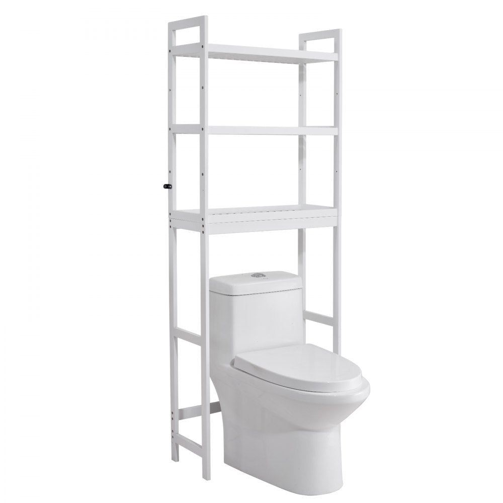 VEVOR Over the Toilet Storage, 3-Tier Adjustable Over Toilet Bathroom Organizer, Bamboo Storage Shelf Rack with 3 Hooks, Freestanding Easy Assembly Laundry Space Saver, Fit Most Toilets, White