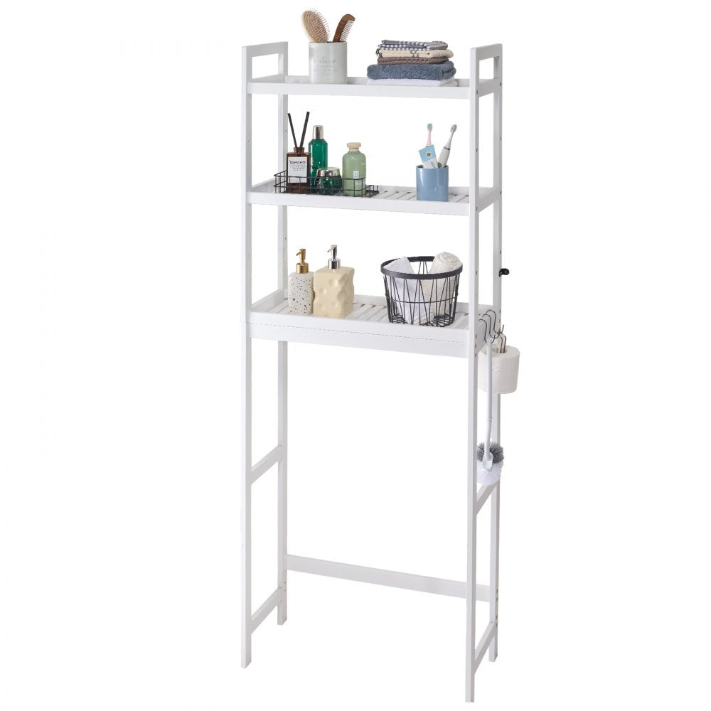 VEVOR Over the Toilet Storage, 3-Tier Adjustable Over Toilet Bathroom Organizer, Bamboo Storage Shelf Rack with 3 Hooks, Freestanding Easy Assembly Laundry Space Saver, Fit Most Toilets, White