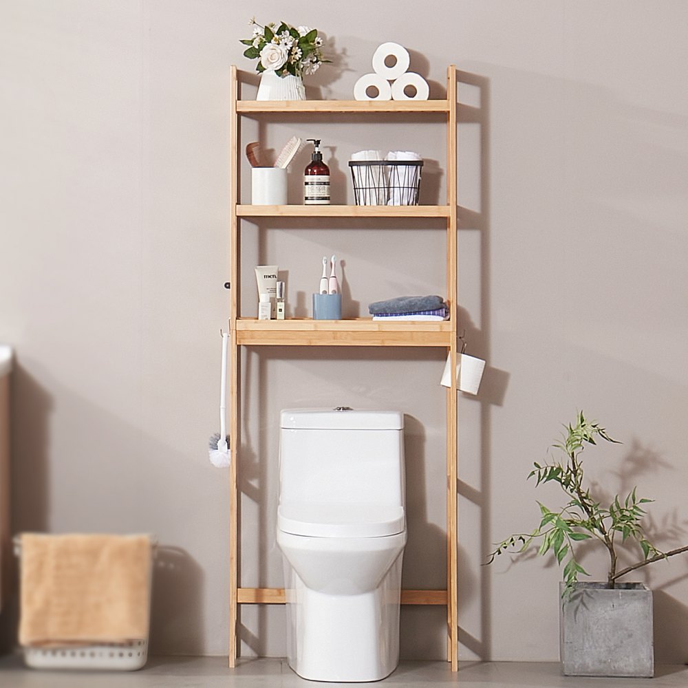 VEVOR Over the Toilet Storage, 3-Tier Adjustable Over Toilet Bathroom Organizer, Bamboo Storage Shelf Rack with 3 Hooks, Freestanding Easy Assembly Laundry Space Saver, Fit Most Toilets