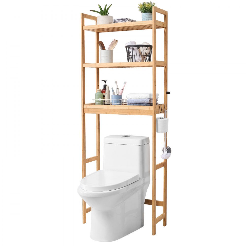 VEVOR Over the Toilet Storage, 3-Tier Adjustable Over Toilet Bathroom Organizer, Bamboo Storage Shelf Rack with 3 Hooks, Freestanding Easy Assembly Laundry Space Saver, Fit Most Toilets