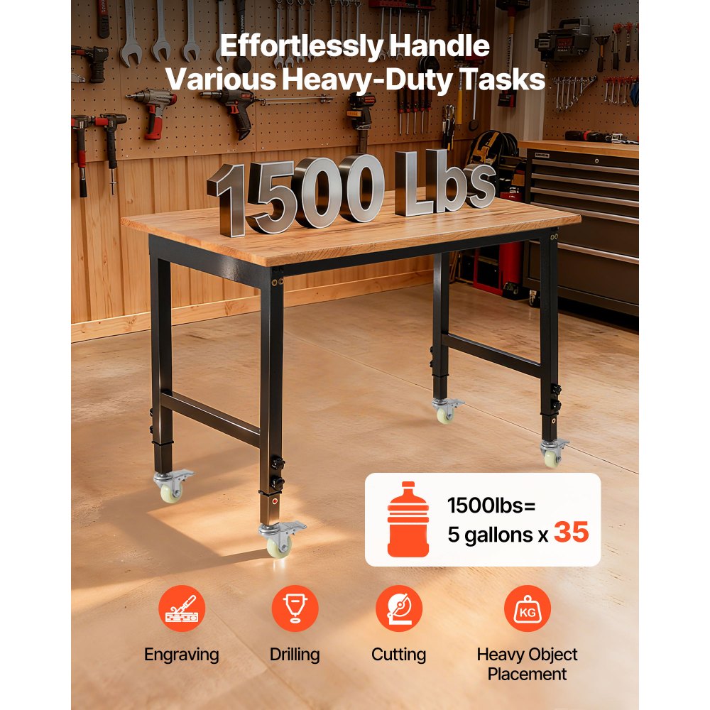 VEVOR Adjustable Workbench on Wheels, 1500 lbs Capacity, 48 x 24 Inch Oak Wood Top Workbench with 28.5-42.3 Inch Height Adjustment, Heavy-Duty Hardwood Worktable for Garage, Workshop, Home, Office