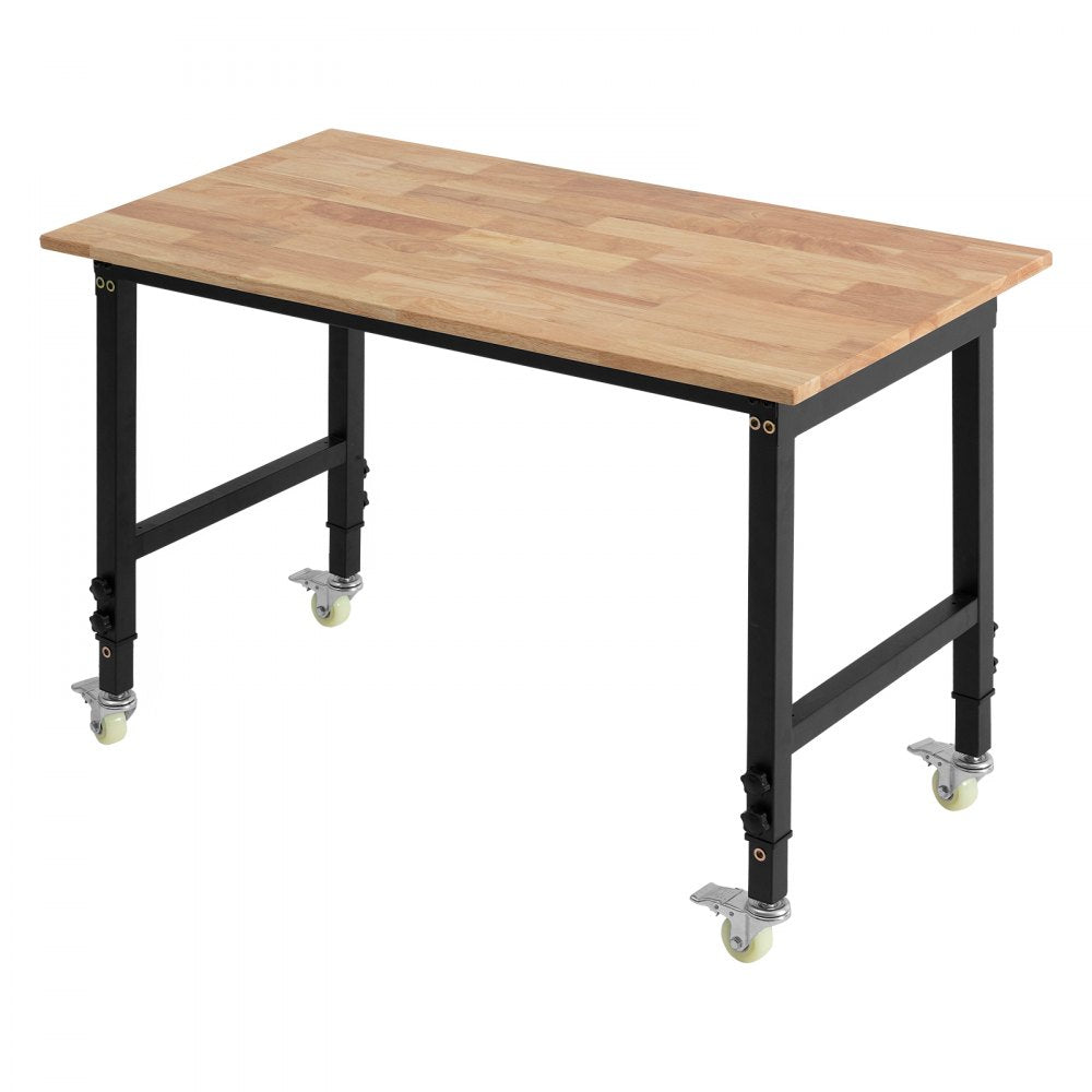 VEVOR Adjustable Workbench on Wheels, 1500 lbs Capacity, 48 x 24 Inch Oak Wood Top Workbench with 28.5-42.3 Inch Height Adjustment, Heavy-Duty Hardwood Worktable for Garage, Workshop, Home, Office