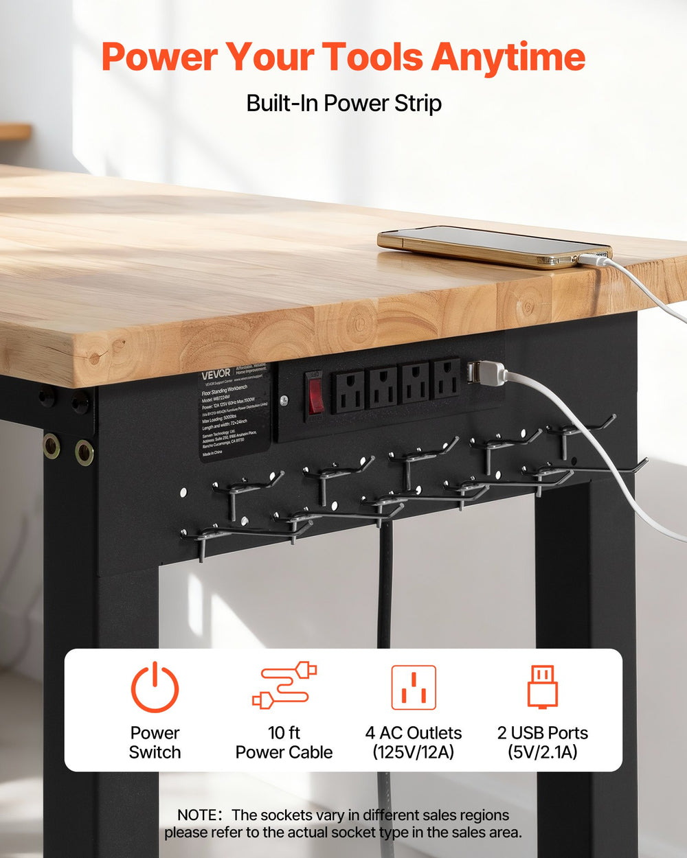 VEVOR Adjustable Workbench, 5000 lbs Capacity, 96 x 24 Inch Oak Wood Top Workstation with 4 AC Outlets & 2 USB Ports, Heavy-Duty Hardwood Worktable for Garage, Workshop, Home, Office, Commercial