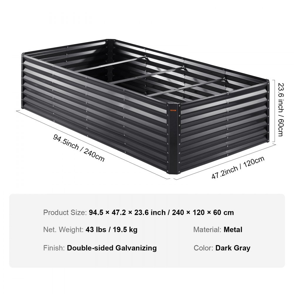 VEVOR Raised Garden Bed, 8 x 4 x 2 ft Galvanized Metal Planter Box, Outdoor Planting Boxes with Open Base, for Growing Flowers/Vegetables/Herbs in Backyard/Garden/Patio/Balcony, Dark Gray