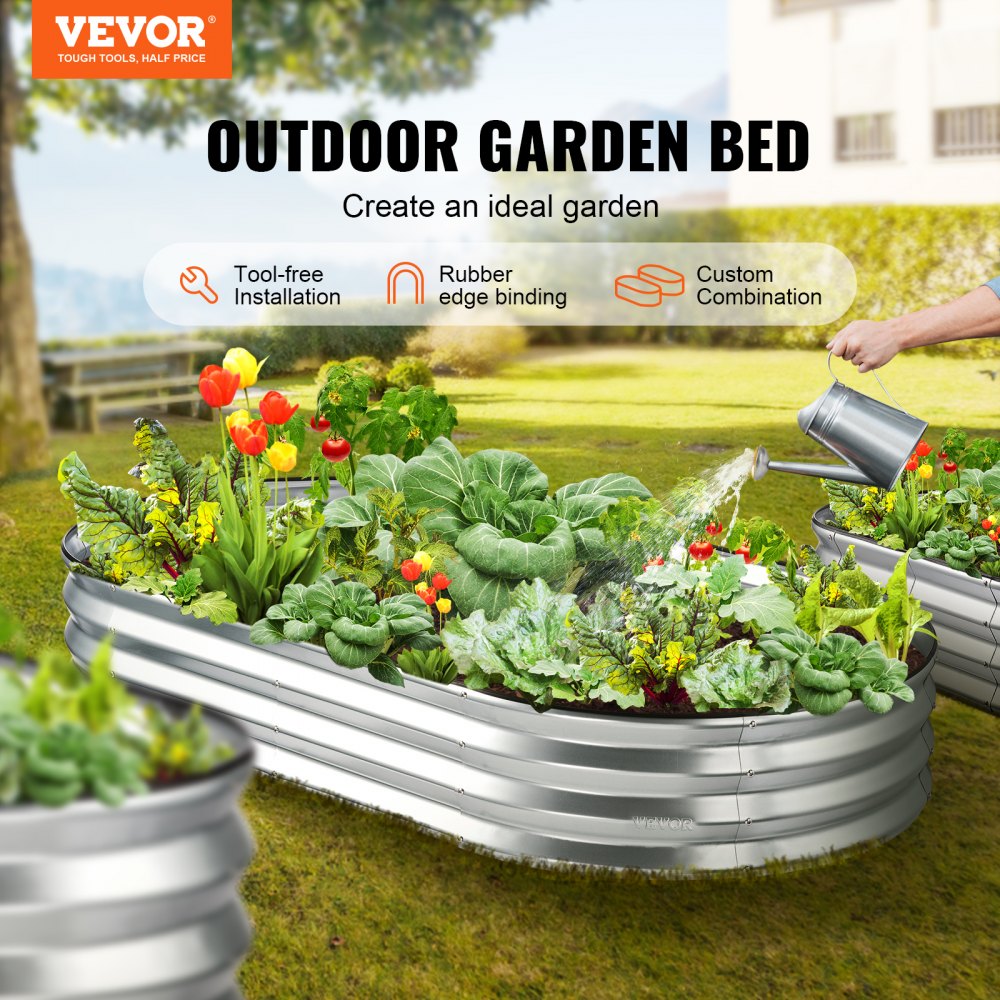 VEVOR Raised Garden Bed, 6 x 3 x 0.9 ft Galvanized Metal Planter Box, Outdoor Planting Boxes with Open Base, for Growing Flowers/Vegetables/Herbs in Backyard/Garden/Patio/Balcony, Silver